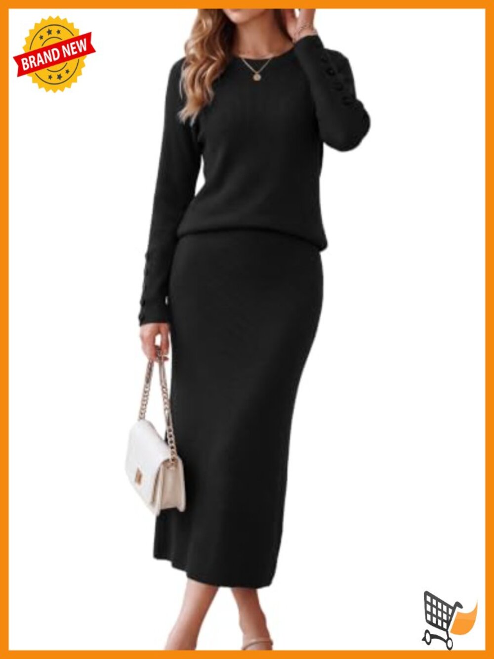 Wool Blend 2 Piece Sweater and Midi Skirt Set Crew Neck Long Sleeve